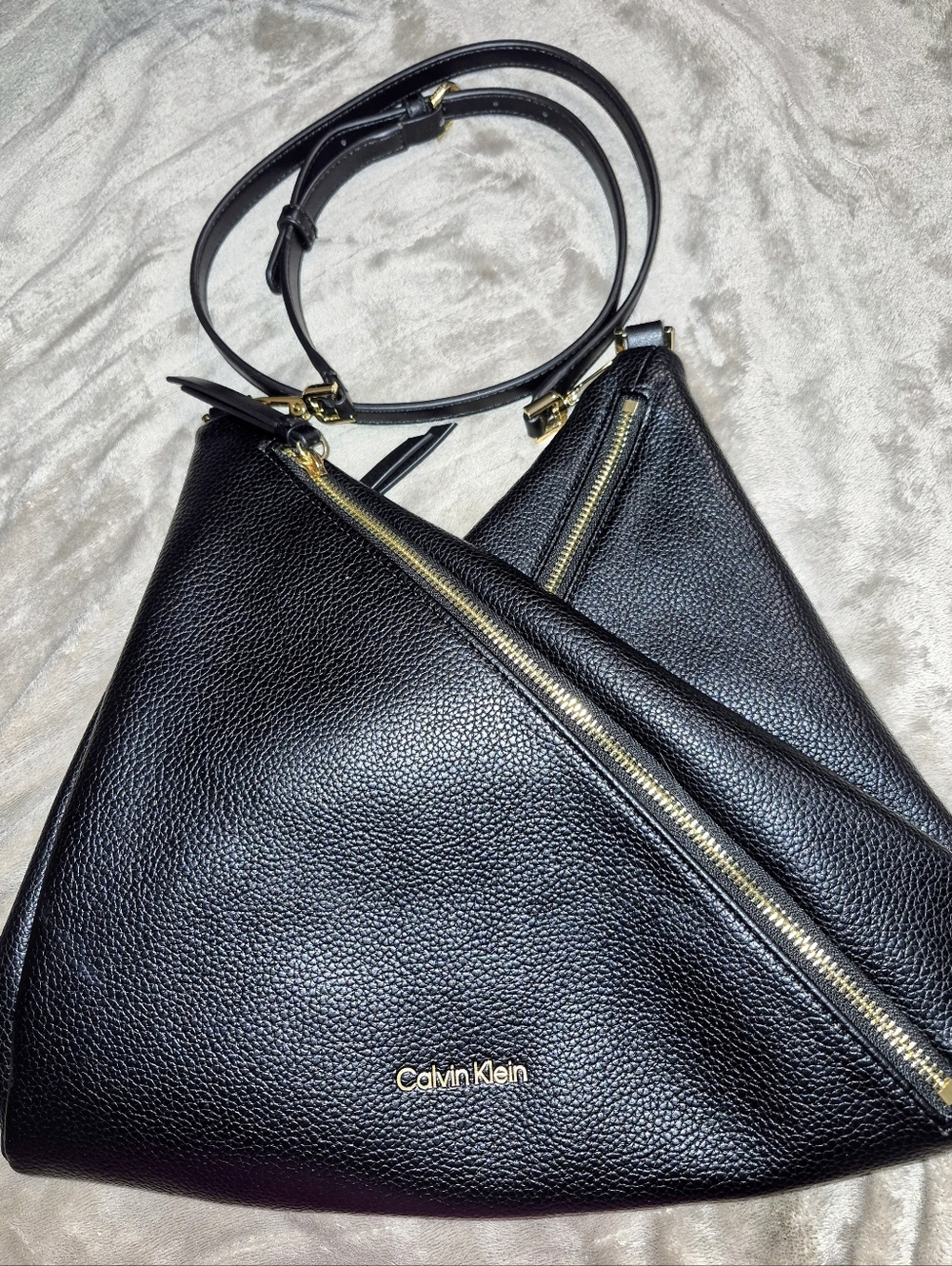 Calvin Klein Black Pebbled Leather Triangle Crossbody with Gold Hardware